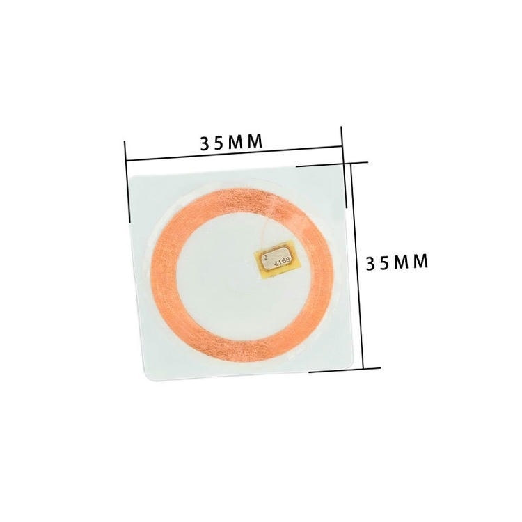 4) ภาพนี้แสดงฉลากทรัพย์สิน RFID LF 125KHz สั่งทำสำหรับอุปกรณ์และสต็อก 35 โดยเน้นโครงสร้างเสาอากาศและชิปภายใน และสัดส่วนและขนาดของผลิตภัณฑ์.