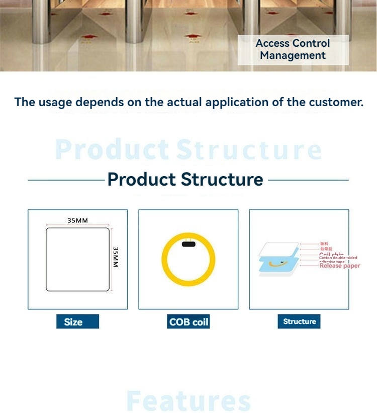 หน้าโครงสร้างแสดงฉลาก RFID LF พร้อมแผนภาพขนาด ภาพขดลวด และกราฟิกโครงสร้างแบบชั้น