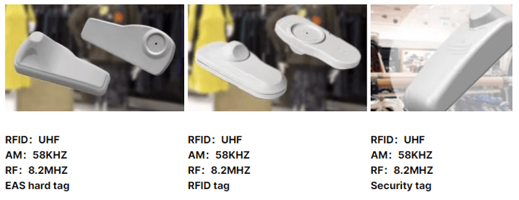 แผงเปรียบเทียบแสดงภาพแท็กรุ่น ER6830 พร้อมข้อมูล UHF และ EAS เพื่อแสดงการติดตามเสื้อผ้าและการใช้งานด้านความปลอดภัยในค้าปลีก