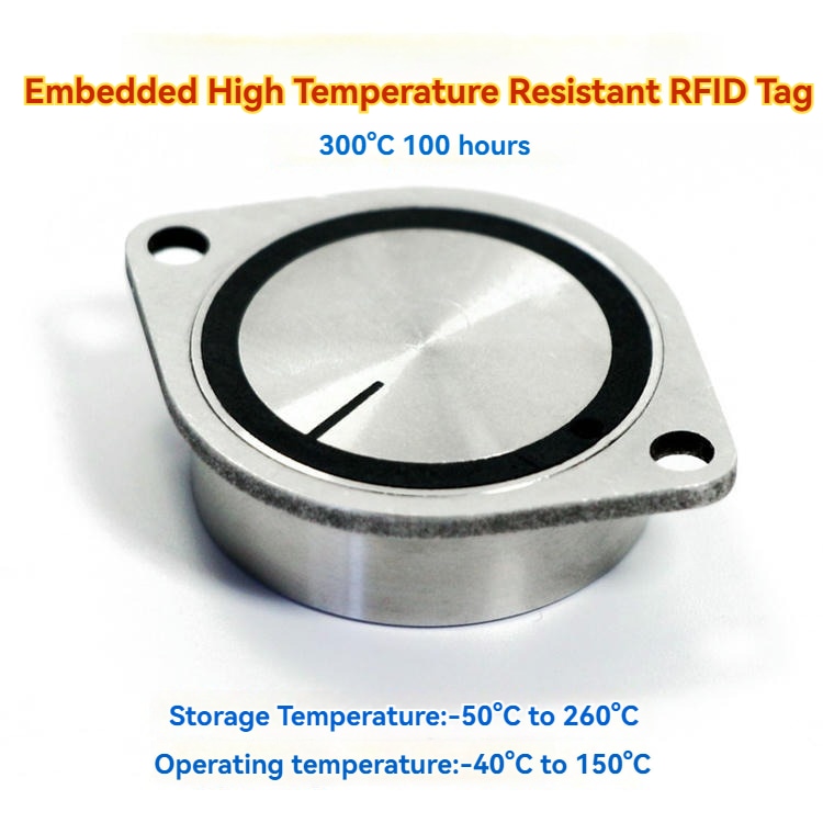 3) ภาพระยะใกล้ของแท็ก RFID สเตนเลสทนความร้อน IP68 สำหรับโลหะ HTR4534-1 โดยเน้นโลหะ และโครงสร้างที่แข็งแรงทนทาน สำหรับงานอุตสาหกรรมและสายการผลิต.