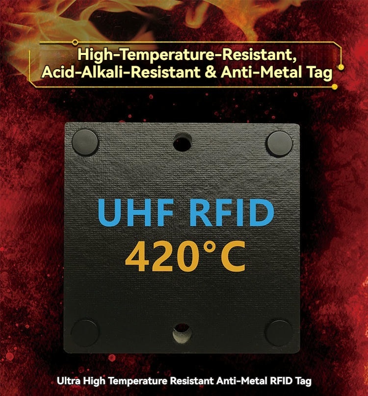 ภาพนี้แสดงจุดเด่นของแท็ก RFID ทนอุณหภูมิสูงสำหรับการผลิต ซึ่งใช้สำหรับการสแกนแบบไม่สัมผัสในงานประยุกต์ใช้แท็ก RFID ทนอุณหภูมิสูง