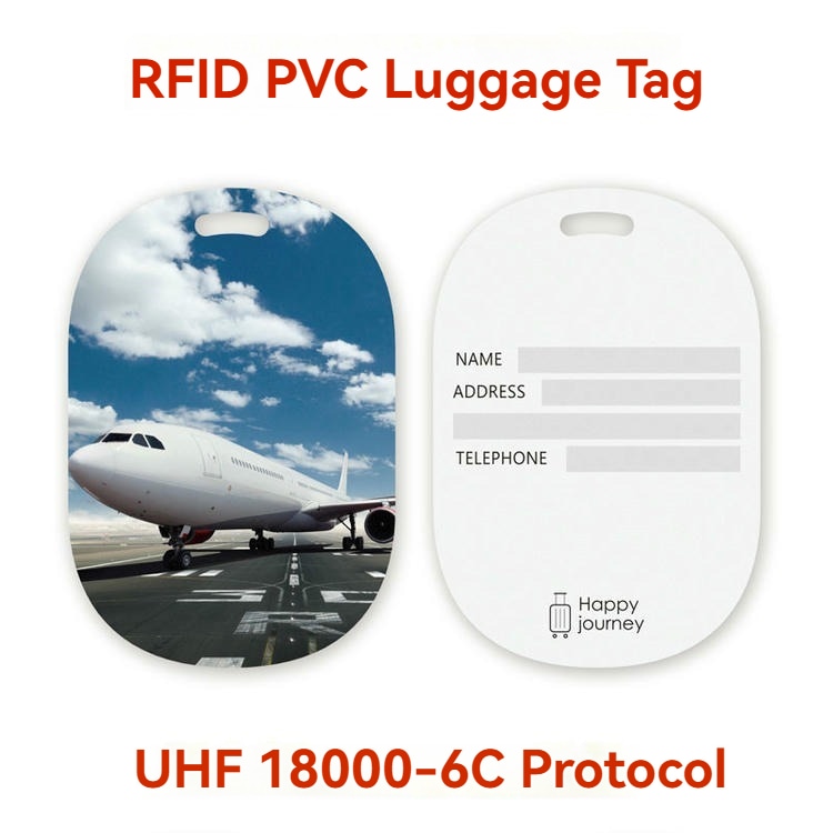 5) ภาพนี้แสดงป้ายกระเป๋า RFID UHF สำหรับติดตามสัมภาระอัจฉริยะ PVC โดยเน้นวัสดุ PVC และงานพิมพ์ที่ปรับแต่งได้.