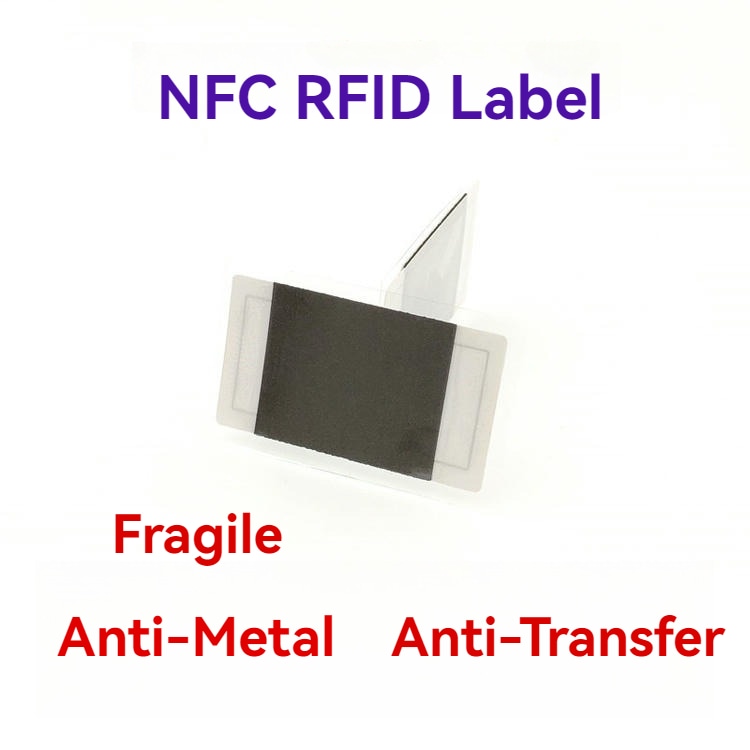 5) ภาพนี้แสดงฉลาก NFC กันแกะสำหรับยืนยันสินค้าที่ปิดผนึก โดยเน้นคุณสมบัติด้านความปลอดภัยและป้องกันการแกะย้าย และร่องรอยเสียหายที่แสดงการแกะและป้องกันการนำกลับมาใช้ซ้ำ.