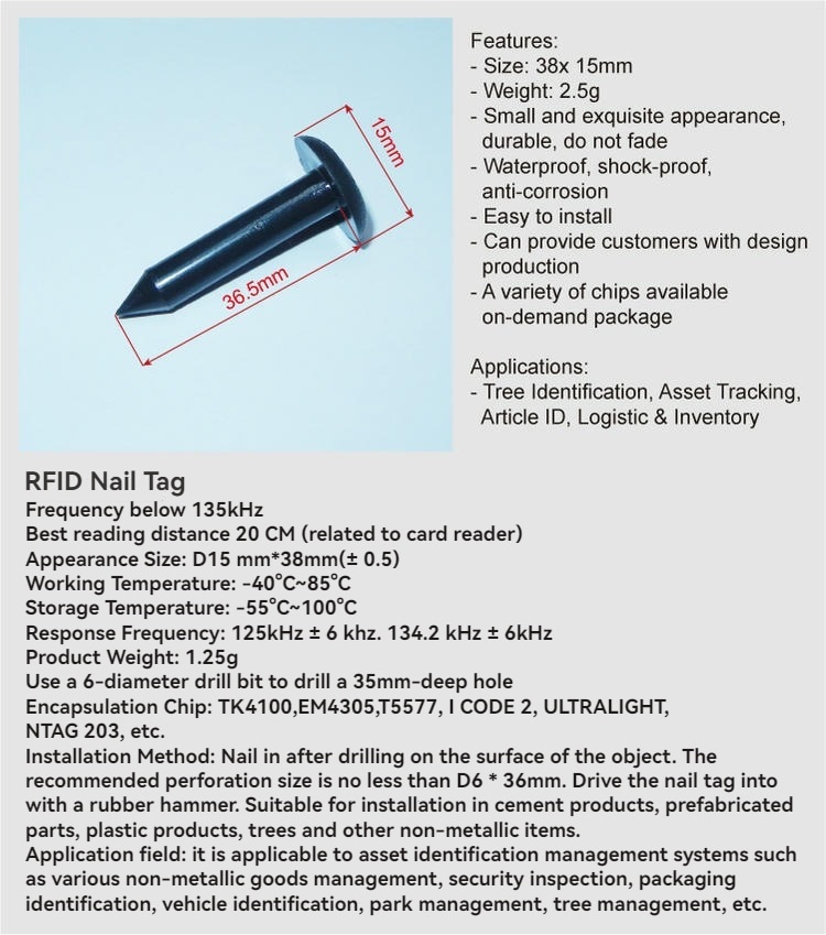ภาพนี้แสดงแท็กตะปู RFID NAIL06-5 พร้อมขนาดและแผ่นข้อมูลจำเพาะที่อธิบายคุณสมบัติ ชิป และสถานการณ์การใช้งานกับต้นไม้