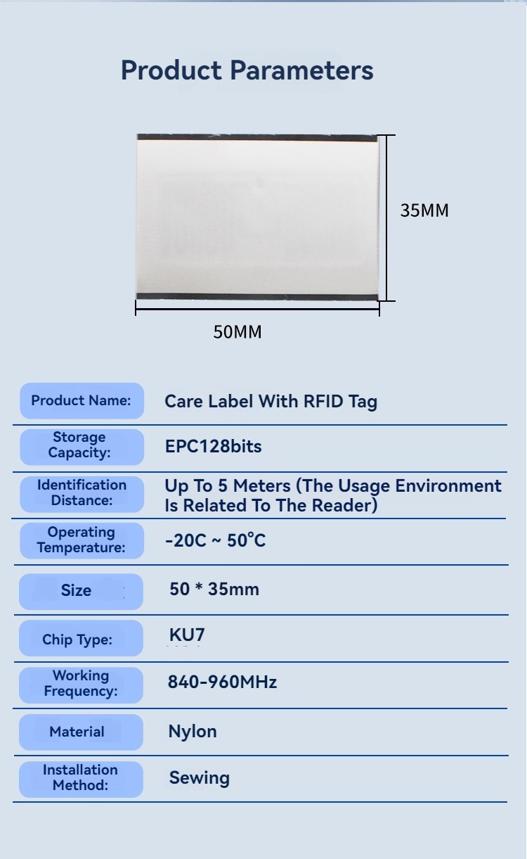 แผ่นข้อมูลพารามิเตอร์แสดงรายละเอียดจำเพาะของแท็ก RFID แบบบางสำหรับเครื่องแต่งกาย พร้อมภาพตัวอย่างที่มีป้ายกำกับและเครื่องหมายขนาด
