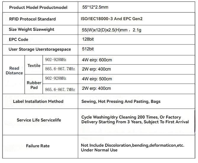 ภาพด้านข้างของแท็กซักผ้า RFID ซิลิโคนแบบบาง เน้นความยาว 55mm และความทนทาน