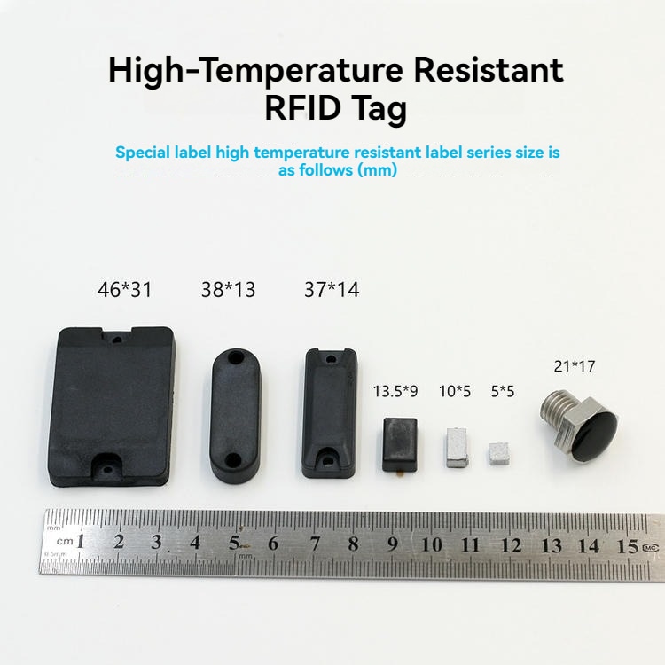 6) ภาพรวมผลิตภัณฑ์หลายชิ้นของแท็ก RFID UHF ติดโลหะทนความร้อนสูงสำหรับสายการผลิต HTR3813-1 โดยเน้นรูปทรง ตัวเรือน และพื้นผิวที่เห็นได้จากภาพ สำหรับงานอุตสาหกรรมและสายการผลิต.