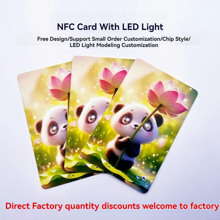 5) ภาพนี้แสดงบัตร NFC LED สำหรับทางเข้าพร้อมไฟตอบรับการแตะ โดยเน้นสามชิ้น ไฟแสดงสถานะ LED งานพิมพ์ที่ปรับแต่งได้ และพื้นที่สำหรับโลโก้และแบรนด์สั่งทำ สำหรับงานอุตสาหกรรมและสายการผลิต.