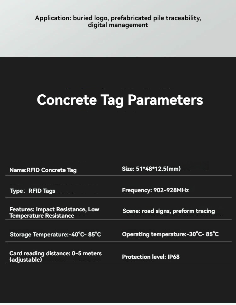 บอร์ดแสดงพารามิเตอร์แสดงรายการข้อมูลจำเพาะของแท็กคอนกรีต RFID รุ่น EP5148-1 รวมถึงขนาด ความถี่ และระยะการอ่าน สำหรับงานติดตามแบบฝัง