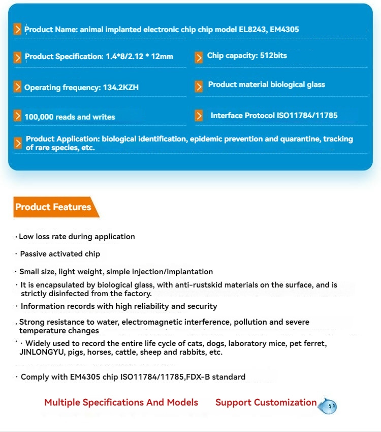 หน้าคุณสมบัติแสดงรายการความจุชิปที่ความถี่ 134.2 kHz และรายละเอียดโปรโตคอล ISO11784 และ ISO11785 สำหรับไมโครชิป RFID แบบฝัง