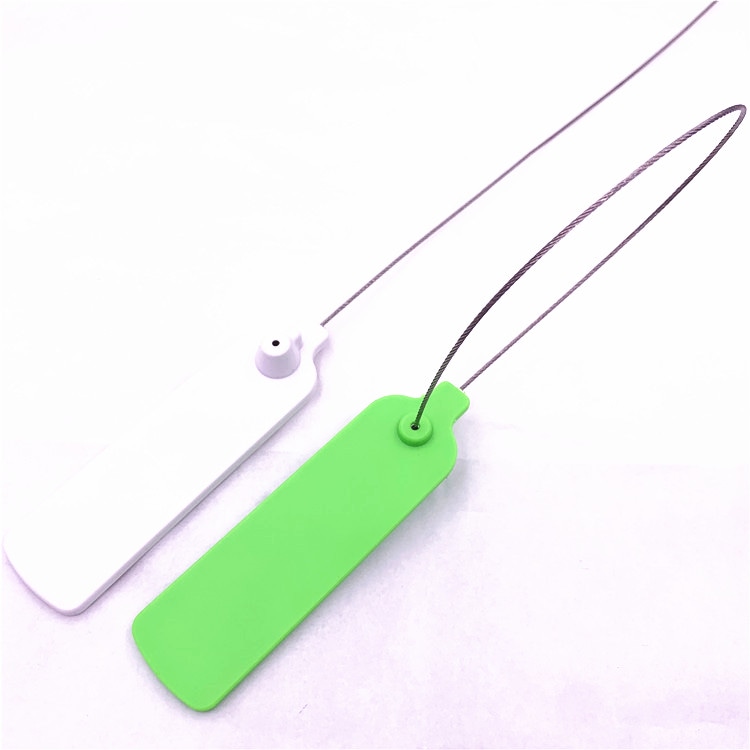 ซีลนิรภัย RFID รุ่น SS10028-1 สีขาวและสีเขียวจัดแสดงพร้อมกันกับลวดตรงหนึ่งเส้นและห่วงล็อกขนาดใหญ่หนึ่งห่วง