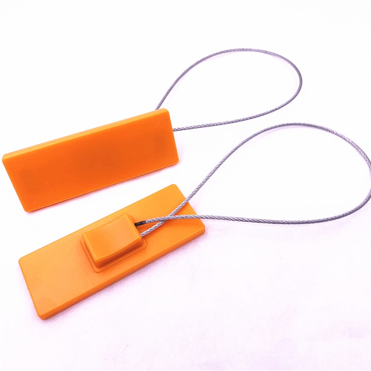 ซีลรักษาความปลอดภัย RFID SS8030-1 สีส้มสองอันแสดงในรูปแบบเหลื่อมกันพร้อมห่วงลวดมนและรายละเอียดตัวล็อกที่มองเห็นได้