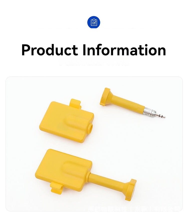 ภาพแสดงสินค้าที่สะอาดตาบนแผ่นสีขาวแสดงซีลนิรภัย RFID รุ่น SV-008 สีเหลืองในรูปแบบแยกออกและเสียบล็อกแล้ว