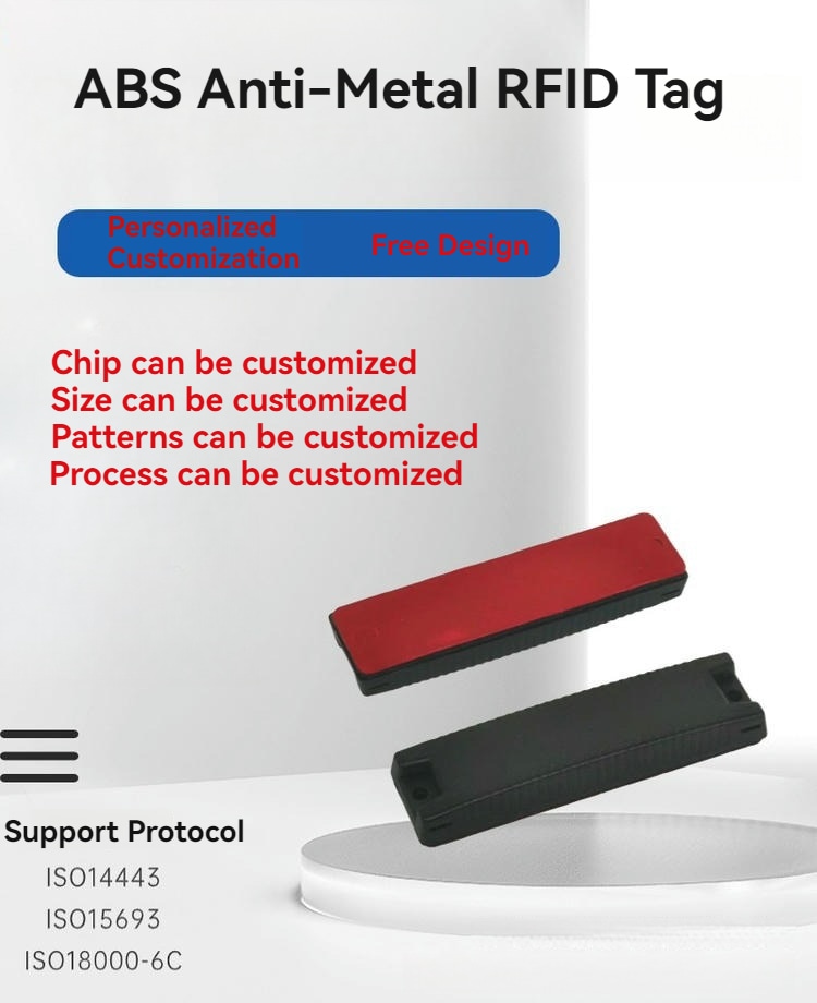 ภาพนี้แสดงให้เห็นแท็ก RFID แบบติดบนโลหะวัสดุ ABS สำหรับการติดตามชั้นวางสินค้าในคลังสินค้า ซึ่งมีพื้นผิวโลหะขัดสำหรับการใช้งานแท็ก RFID แบบติดบนโลหะวัสดุ ABS