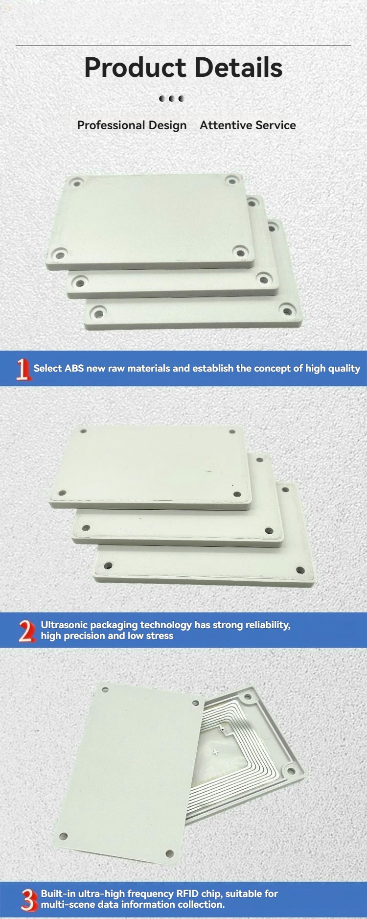 ภาพนี้แสดงบอร์ดรายละเอียดสินค้าพร้อมป้าย RFID ABS แบบซ้อนกันและตัวเรือนหนึ่งชิ้นที่เปิดออกเผยให้เห็นโครงสร้างเสาอากาศภายใน