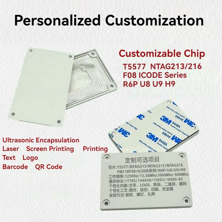 5) ภาพนี้แสดงแท็กชั้นวาง RFID สำหรับคลังสินค้าและตำแหน่งจัดเก็บ ABS โดยเน้นตัวเรือน ABS ชั้นกาวสำหรับยึดติด โครงสร้างเสาอากาศและชิปภายใน และงานพิมพ์ที่ปรับแต่งได้.