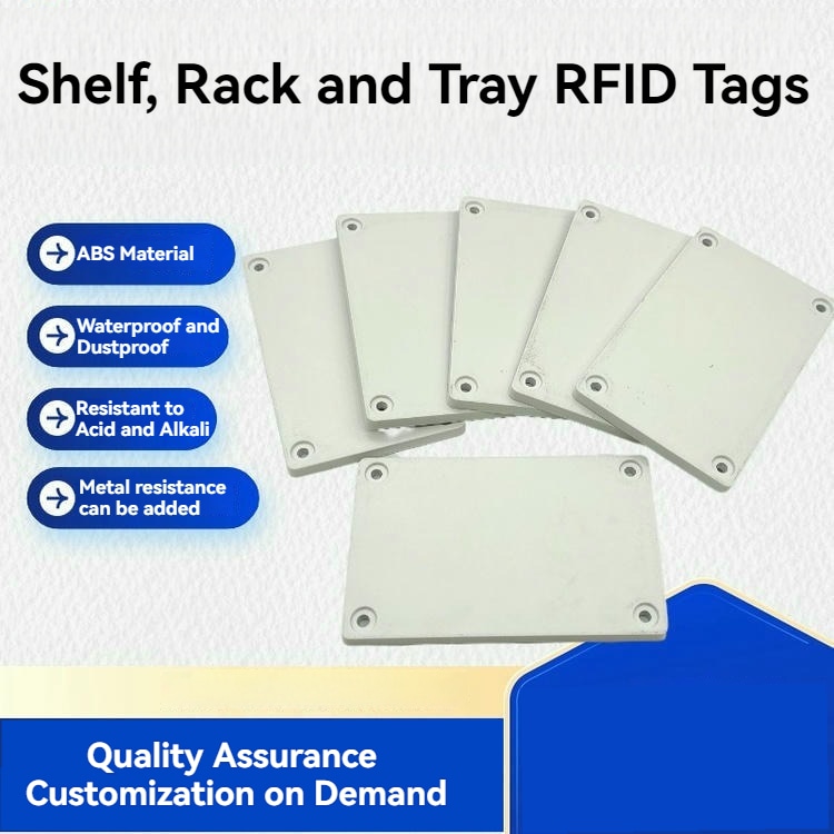 4) ภาพนี้แสดงแท็กชั้นวาง RFID สำหรับคลังสินค้าและตำแหน่งจัดเก็บ ABS โดยเน้นหกชิ้น สีขาว และตัวเรือน ABS โดยจัดเรียงให้เปรียบเทียบรายละเอียดได้ชัดเจน.