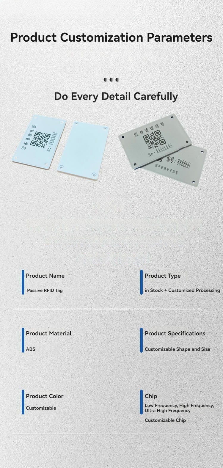 ภาพนี้แสดงบอร์ดปรับแต่งสินค้าพร้อมตัวอย่างแท็ก RFID แบบพาสซีฟ และตัวเลือกสีและขนาดชิปวัสดุ