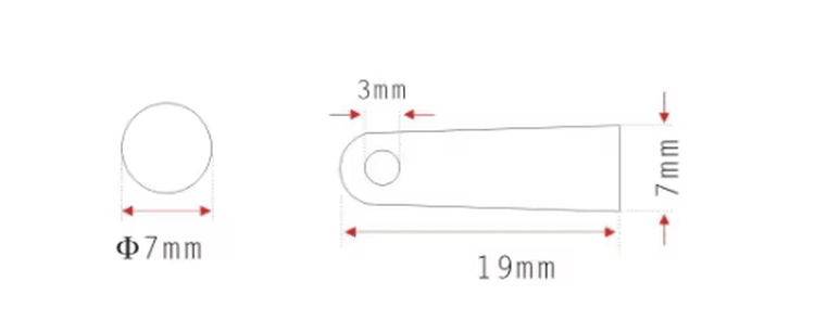 ภาพวาดขนาดแสดงแท็ก RFID บุลเล็ตทูบรุ่น SV-005 พร้อมตำแหน่งรูและความยาวโดยรวมสำหรับการระบุต้นไม้และเครื่องมือ