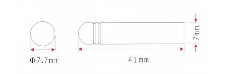 ภาพวาดขนาดแสดงแท็ก RFID บุลเล็ตทูบรุ่น SV-006 พร้อมเส้นผ่านศูนย์กลางและความยาวสำหรับเลือกขนาดเจาะไม้ที่เหมาะสม