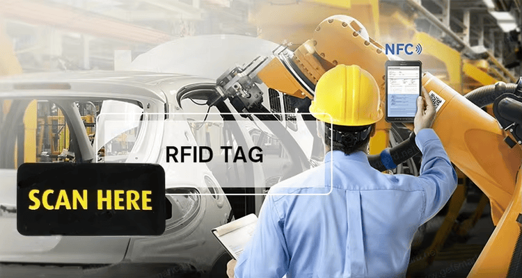 โปสเตอร์การใช้งานแสดงการสแกนแท็ก RFID ในสภาพแวดล้อมอุตสาหกรรม พร้อมข้อความ 'สแกนที่นี่' วางอยู่ข้างเครื่องจักร