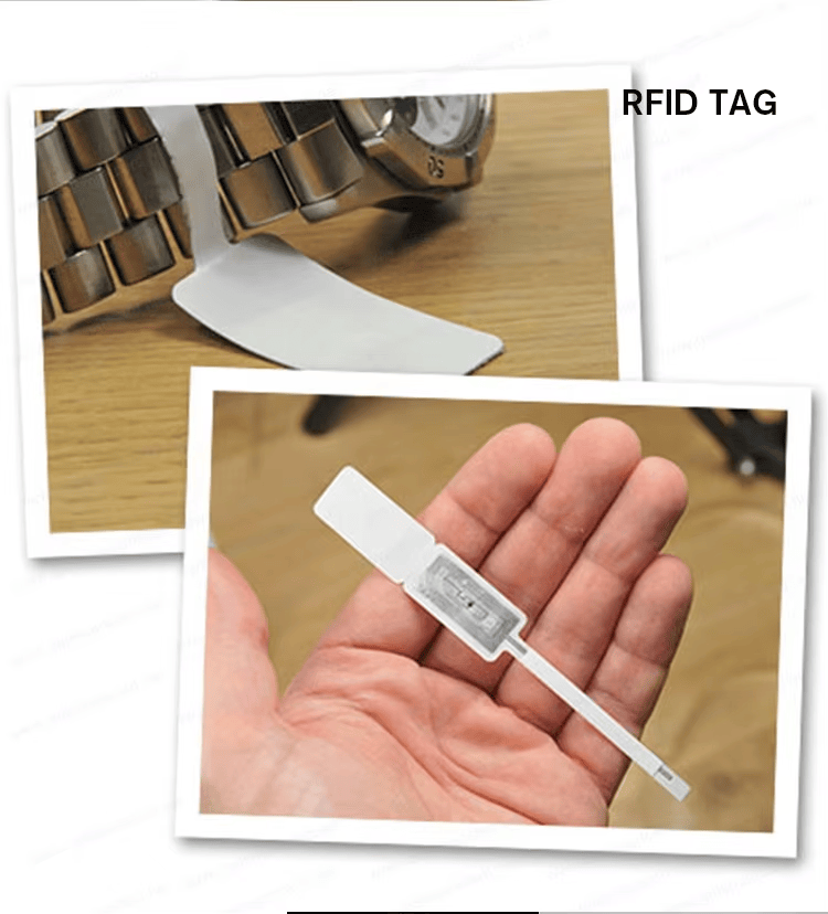 คอลลาจแสดงการใช้แท็ก RFID บนสายนาฬิกา ชิ้นส่วนโลหะ และแท็กแบบแถบถือในมือ ในฉากผลิตภัณฑ์จริง