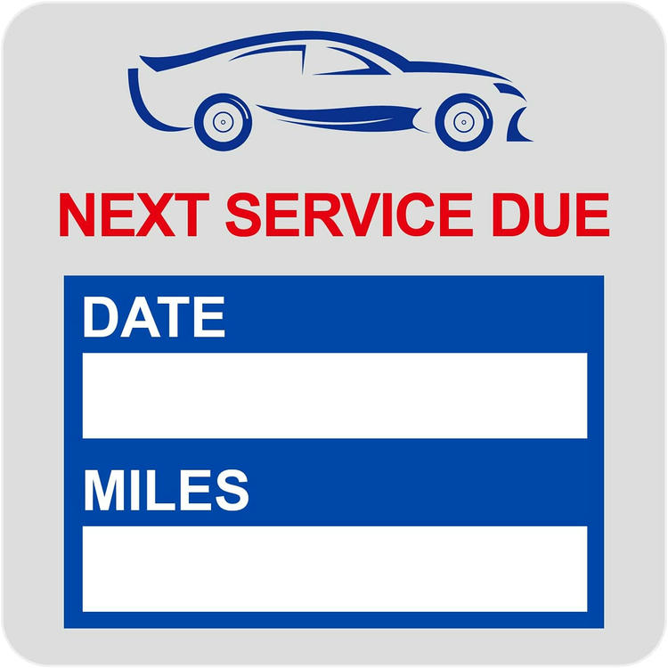 สติกเกอร์ RFID ติดกระจกหน้ารถแบบไดนามิกเทมเพลตสีน้ำเงินแสดงส่วนหัวตัวหนา 'Next Service Due' พร้อมช่องวันที่และเลขไมล์ขนาดใหญ่ที่เขียนได้