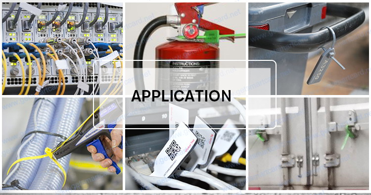 คอลลาจการใช้งานแสดงซีลนิรภัย RFID รุ่น SS4544-1 ที่ใช้กับด้ามจับอุปกรณ์ สายเคเบิล ถังดับเพลิง และตู้สาธารณูปโภค