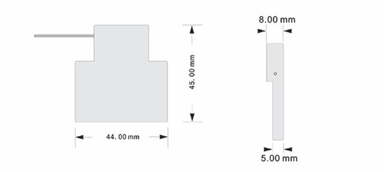 แผ่นข้อมูลขนาดทางเทคนิคแสดงความกว้าง ความสูง และความหนาของซีลนิรภัย RFID รุ่น SS4544-1 ในหน่วยมิลลิเมตร