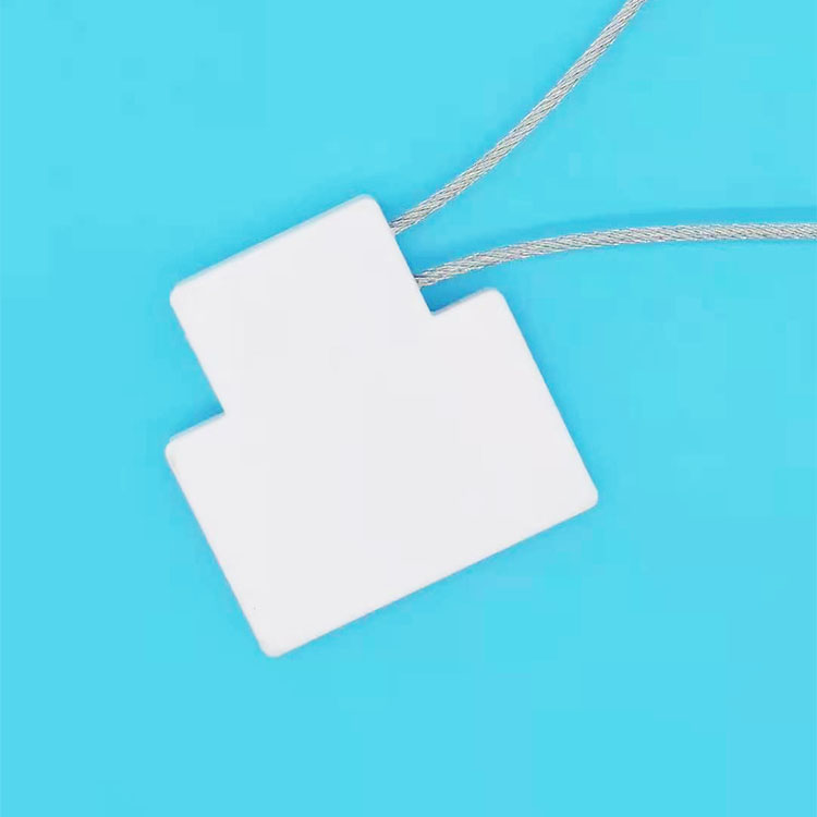 ซีลนิรภัย RFID รุ่น SS4544-1 สีขาวล้วนแสดงในมุมเอียงโดยมีสายเคเบิลเหล็กสอดผ่านตัวเรือน