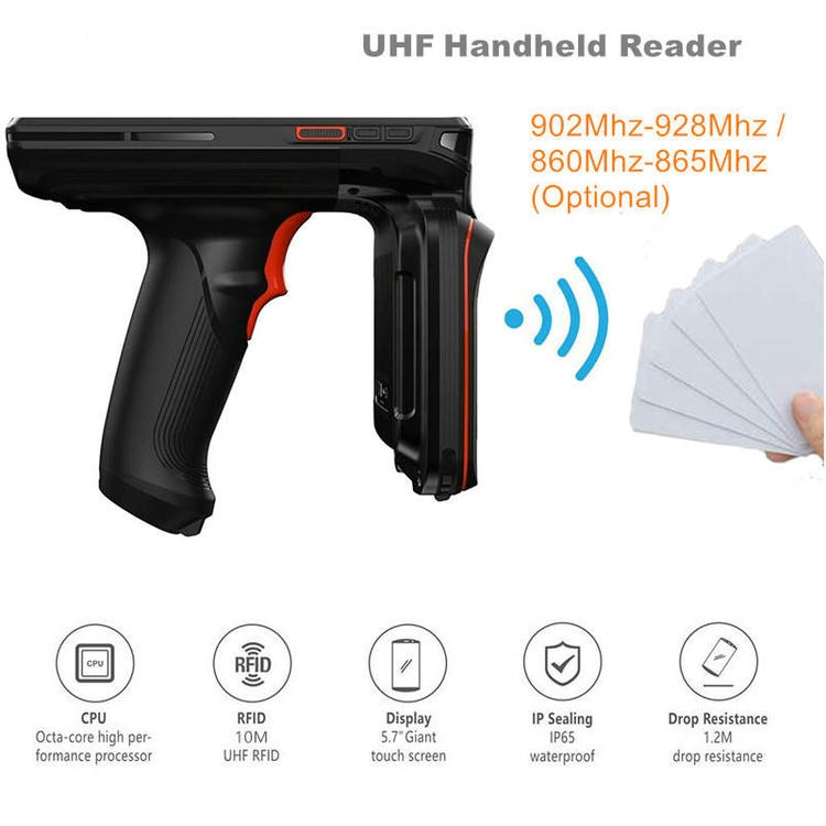 5) ภาพนี้แสดงเทอร์มินัล RFID มือถือสำหรับสินค้าคงคลัง ZK-RFID7171S 5.7 โดยเน้นโครงสร้างที่แข็งแรงทนทาน และหน้าจอแสดงข้อมูล สำหรับการตรวจนับและติดตามสินค้าคงคลัง และการติดตั้งกลางแจ้งและบนพื้นผิวงานก่อสร้าง.