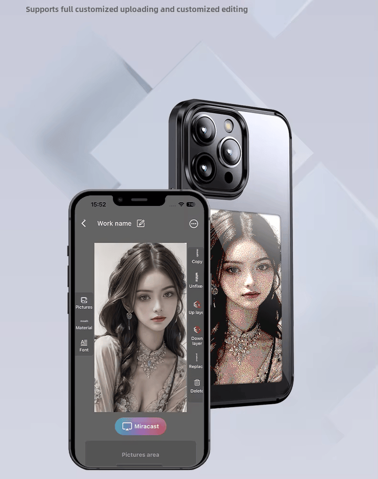 2) ภาพนี้แสดงเคสโทรศัพท์ NFC จอ E-Ink สั่งทำสำหรับโปรแกรมแบรนด์ โดยเน้นระบบพลังงานและการชาร์จ หน้าจอแสดงข้อมูล และการใช้งานร่วมกับสมาร์ตโฟนและแอปมือถือ.