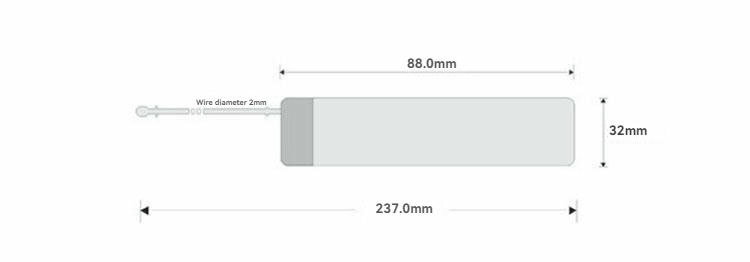 แผนภาพขนาดแสดงป้ายห้อยเสื้อผ้า RFID ที่มีความยาวตัวป้าย 88 mm ความกว้าง 32 mm และความยาวรวม 237 mm