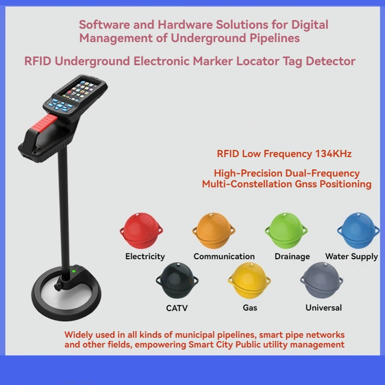 3) ภาพนี้แสดงระบบตรวจจับ RFID สำหรับค้นหาเครื่องหมายใต้ดิน CK-GTR680 CATV โดยเน้นรูปทรง ตัวเรือน และพื้นผิวที่เห็นได้จากภาพ สำหรับการติดตั้งกลางแจ้งและบนพื้นผิวงานก่อสร้าง.