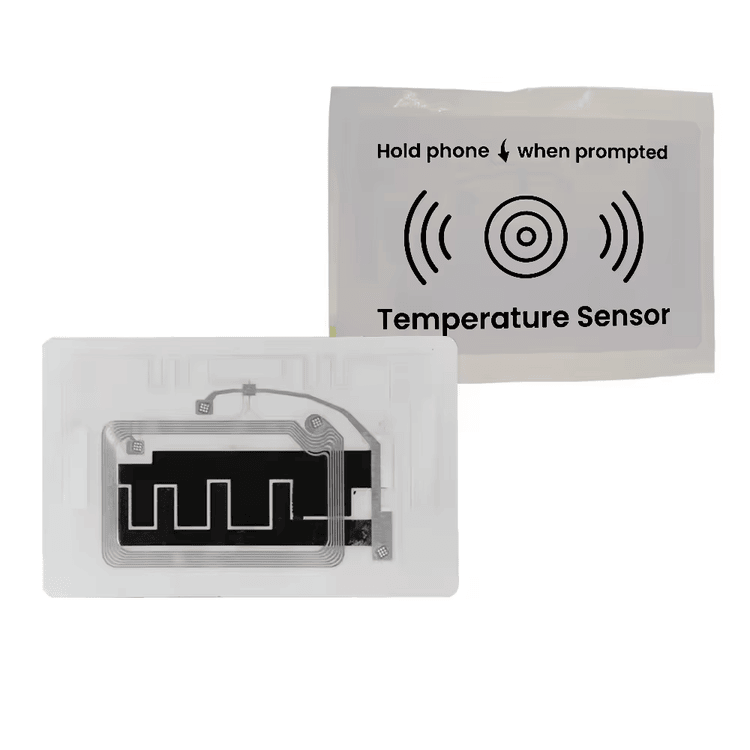 6) ภาพนี้แสดงเครื่องบันทึกอุณหภูมิ RFID สำหรับสินค้าห่วงโซ่เย็น โดยเน้นเซนเซอร์สำหรับสแกนและเก็บข้อมูล และการใช้งานร่วมกับสมาร์ตโฟนและแอปมือถือ ระหว่างการใช้งานหรืออ่านข้อมูล สำหรับการจัดการอุปกรณ์อิเล็กทรอนิกส์และทรัพย์สิน IT.