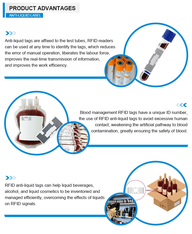 ฉลาก RFID แบบบนของเหลวสั่งทำสำหรับขวดของเหลว แสดงโดยเน้นที่กาวด้านหลังสำหรับโครงการฉลาก RFID แบบบนของเหลว