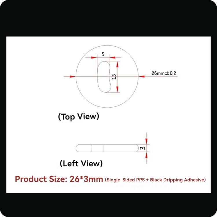 ภาพวาดแสดงขนาดของแท็ก RFID PPS รุ่น PPSD26-1 พร้อมรูรูปจันทร์เสี้ยว เส้นผ่านศูนย์กลาง 26 mm และความหนา 3 mm สำหรับใช้เย็บ
