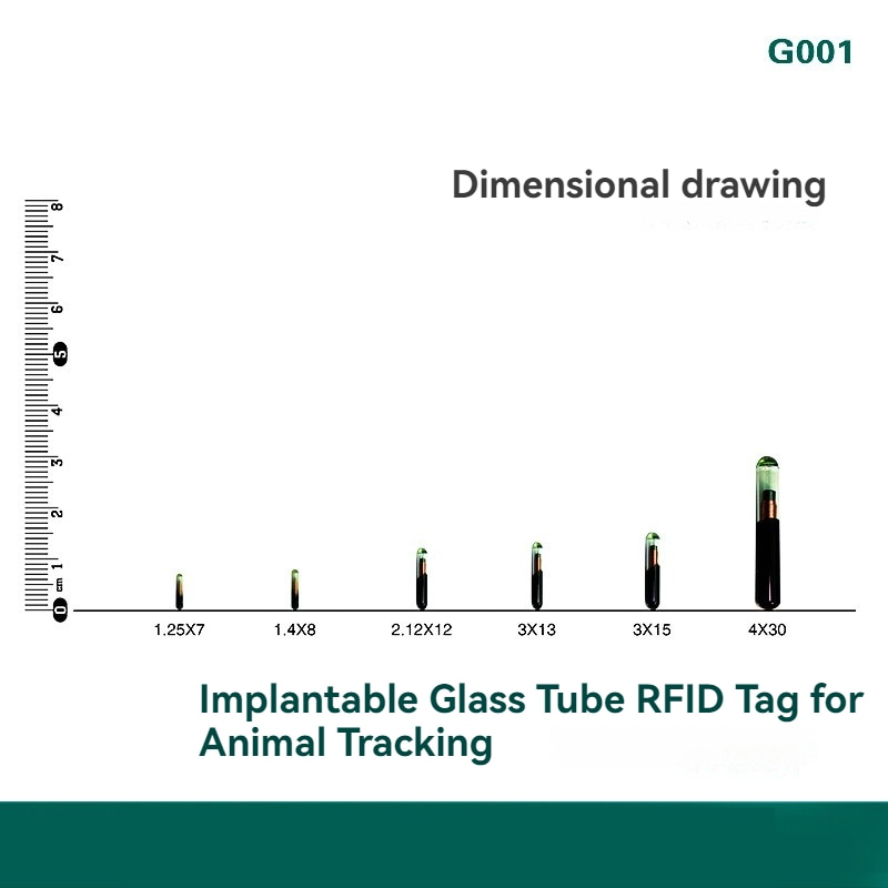 ภาพวาดแสดงขนาดเปรียบเทียบไมโครชิป RFID สำหรับฝังหลายขนาด รวมถึงแคปซูล G-001 ขนาด 1.25x7 mm สำหรับการติดตามสัตว์