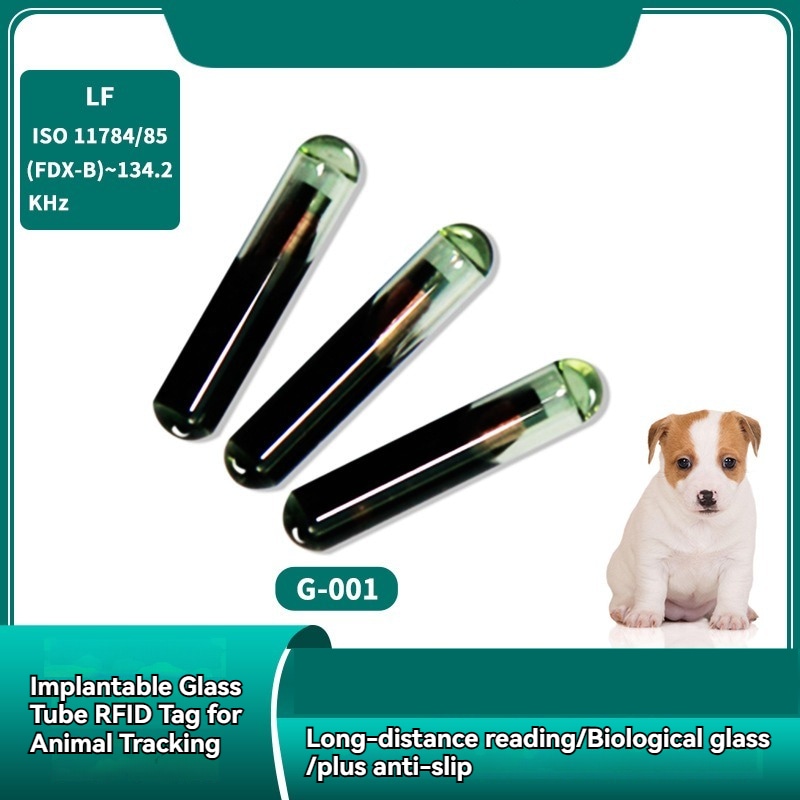 ภาพสื่อการตลาดเน้นไมโครชิป RFID สำหรับฝัง G-001 พร้อมไอคอนลูกสุนัขเพื่อสื่อถึงการอ่าน LF ระยะไกลสำหรับการระบุตัวตนสัตว์เลี้ยง