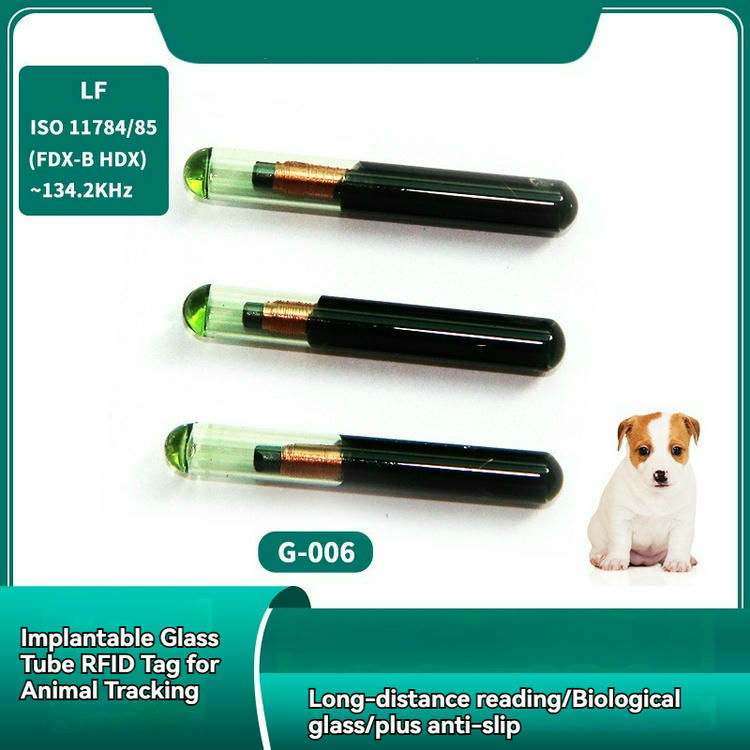 โปสเตอร์ผลิตภัณฑ์แสดงไมโครชิป RFID หลอดแก้ว G-006 และระบุ LF ISO11784 85 FDX-B HDX ที่ 134.2 kHz