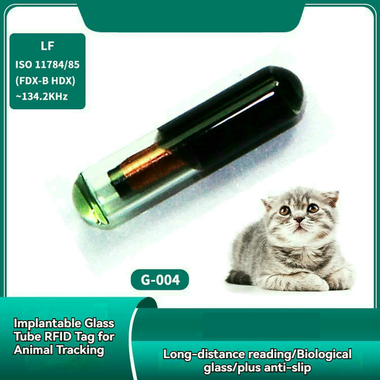 กราฟิกแสดงคุณสมบัติของไมโครชิป RFID ความถี่ต่ำ G สี่ สำหรับการติดตามสัตว์พร้อมการอ่านระยะไกลและการเคลือบไบโอกลาส