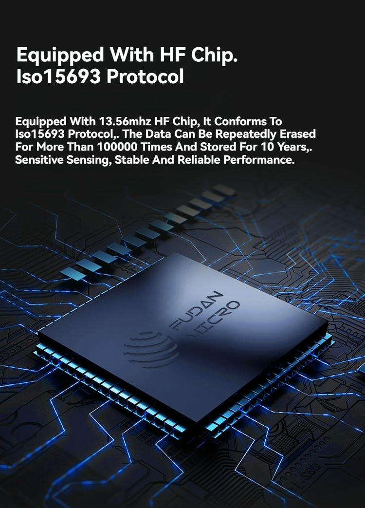 โปสเตอร์คุณสมบัตินี้เน้นประสิทธิภาพของชิป HF ของฉลาก RFID สำหรับหนังสือ พร้อมความเข้ากันได้กับ ISO15693 และการเก็บรักษาข้อมูลได้ยาวนาน
