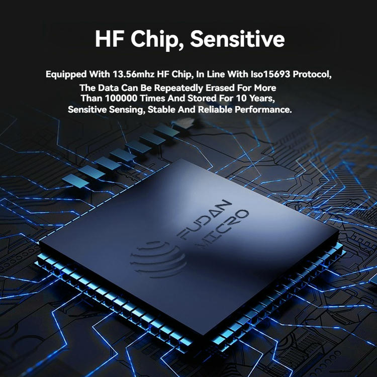 3) ภาพนี้แสดงฉลากหนังสือ RFID HF ISO15693 สำหรับห้องสมุดและคลังเอกสาร โดยเน้นการจัดเก็บและเข้ารหัสข้อมูล สำหรับการจัดการหนังสือ เอกสาร และสื่อ.