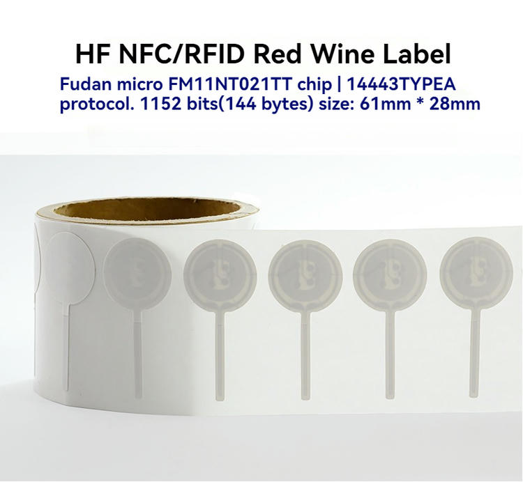 ภาพกราฟิกสินค้าแสดงม้วนฉลากไวน์แดง HF NFC RFID พร้อมข้อมูลความจุชิปและขนาดฉลากเหนือภาพ