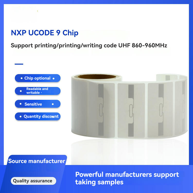 3) ภาพนี้แสดงฉลาก RFID ค้าปลีกสำหรับติดตามสินค้าและตรวจสต็อกเร็ว UHF 100x50mm NXP UCODE 9 โดยเน้นงานพิมพ์ที่ปรับแต่งได้ และการจัดเก็บและเข้ารหัสข้อมูล.