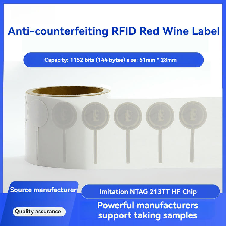 3) ภาพนี้แสดงฉลาก RFID แสดงร่องรอยสำหรับป้องกันฝาขวด โดยเน้นสีขาว สีแดง แบบโปร่งใส ชั้นกาวสำหรับยึดติด รูปแบบการจัดเรียงและบรรจุภัณฑ์ และภาพประกอบที่สาธิตคุณสมบัติและการใช้งาน.