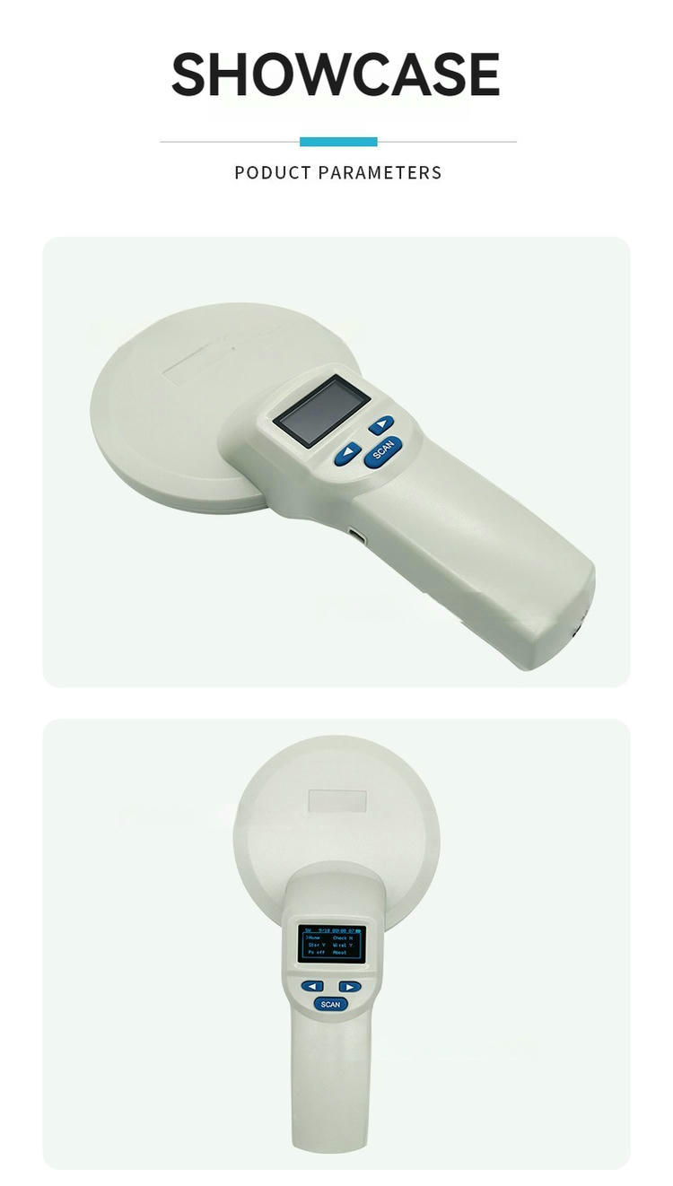 ภาพโชว์ผลิตภัณฑ์ของเครื่องอ่าน RFID สำหรับสัตว์ FS-A03 นำเสนอเครื่องสแกนแบบพกพาในมุมเอียงและมุมด้านหน้าสำหรับการระบุตัวตนทางสัตวแพทย์