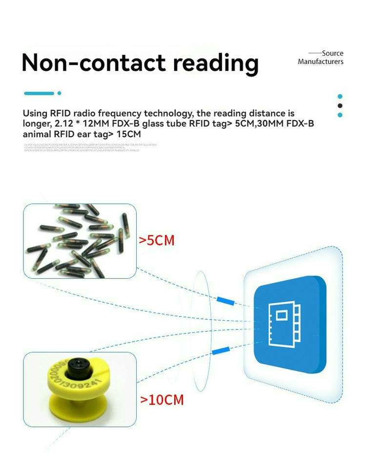 แผนภาพการอ่านแบบไม่สัมผัสแสดงตัวอย่างระยะการอ่านของ FS-260 สำหรับแท็กหลอดแก้วและแท็กหู FDX-B ขนาดใหญ่ พร้อมข้อความระบุระยะทาง