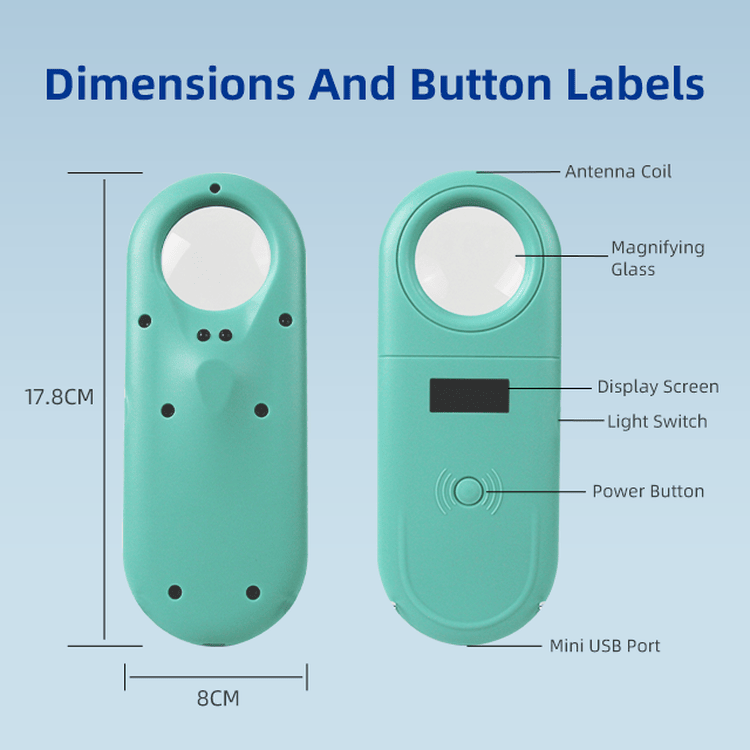 11) ภาพนี้แสดงเครื่องอ่าน RFID พกพาสำหรับตรวจไมโครชิปสัตว์ H01-4 ISO FDX-B โดยเน้นการรองรับมาตรฐานสากล สำหรับการระบุตัวสัตว์และงานปศุสัตว์.