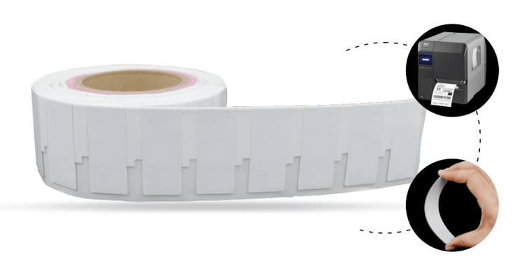 แผนภาพโดยละเอียดแสดงโครงสร้างหลายชั้นของ PET และโฟมของฉลาก RFID แบบยืดหยุ่นสำหรับโลหะ F6025-1